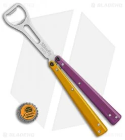 BB Barfly Pro Model Bottle Opener Butterfly Trainer (Purple/Yellow) -eos || Kershaw || Spyderco Shop BB Barfly Pro Model Bottle Opener Butterfly Trainer Purple Yellow BHQ 87778 er bottlecap