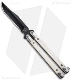 Bear Butterfly Knife W/ White Smooth Bone Handle (4.25" Black) WSB17