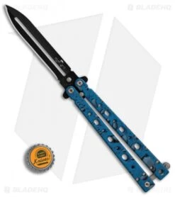 Bear OPS Bear Song V Butterfly Knife Blue Raindrop (4.38" Black) B-500-AIDB-B -eos || Kershaw || Spyderco Shop Bear Ops Bear Song V BHQ 84742 er bottlecap