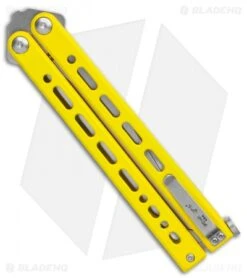 Bear Ops Bear Song VIII Butterfly Knife Yellow Clip Point (4.5" Satin) -eos || Kershaw || Spyderco Shop Bear Ops Bear Song VIII Butterfly Knife Yellow Clip Point 4.5in Satin B 800 SSYW S BHQ 113965 LS Spine