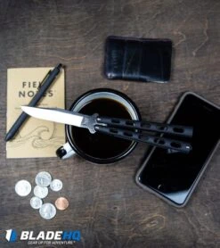 Bear Butterfly Knife Large Tanto Damascus Blade (4" Plain) 114AD -eos || Kershaw || Spyderco Shop Bear Son 114B Large Butterfly Knife Black Satin BHQ 0364 kp lifestyle web 6