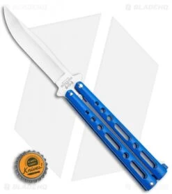 Bear & Son 117 Large Butterfly Knife Blue (4" Satin) -eos || Kershaw || Spyderco Shop Bear Son Butterfly Blue 117BL BHQ 114368 LS Bottlecap