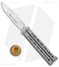 Bear & Son 30th Anniversary Bear Song VIII Butterfly Knife Drop Point (5" Satin) -eos || Kershaw || Spyderco Shop Bear and Son 30th Anniversary B 820 Gray Butterfly DP Satin BHQ 121787 jr bottlecap