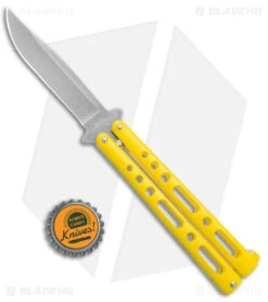 Benchmark Butterfly Knife Yellow Epoxy Steel (4" Stonewash) -eos || Kershaw || Spyderco Shop Benchmark Butterfly Yellow SW BHQ 137769 jr bottlecap