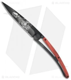 Deejo 37g Grizzly Bear Tattoo Frame Lock Knife Red Beech Wood (3.75" Black )