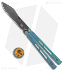 EOS Trident Balisong Butterfly Knife Antique Green Ti (4.5" Black DLC) -eos || Kershaw || Spyderco Shop EOS Trident Balisong Butterfly Antique Green Ti DLC BHQ 120716 jr bottlecap