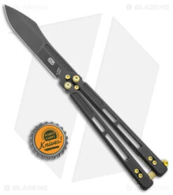 EOS Trident Balisong Butterfly Knife Black Titanium W/ Gold (4.5" Black S30V) -eos || Kershaw || Spyderco Shop EOS Trident Black and Gold Black BHQ 137191 jr bottlecap