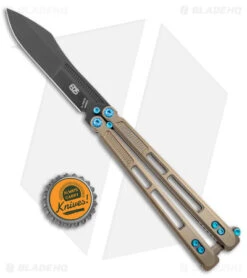 EOS Trident Balisong Butterfly Knife Bronze Titanium W/ Blue (4.5" Black S30V) -eos || Kershaw || Spyderco Shop EOS Trident Bronze Blue Black BHQ 135855 jr bottlecap