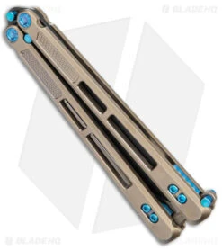 EOS Trident Balisong Butterfly Knife Bronze Titanium W/ Blue (4.5" Black S30V) -eos || Kershaw || Spyderco Shop EOS Trident Bronze Blue Black BHQ 135855 jr side