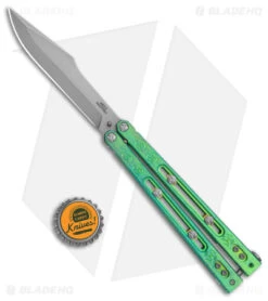 Heed Industries SeaKnight Butterfly Knife Antique Blue/Green Ti (4.6" Stonewash) -eos || Kershaw || Spyderco Shop Heed Industries Sea Knight Premium Antique Green Blue SW BHQ 156368 jr bottlecap