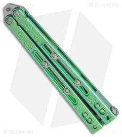 Heed Industries SeaKnight Butterfly Knife Antique Blue/Green Ti (4.6" Stonewash) -eos || Kershaw || Spyderco Shop Heed Industries Sea Knight Premium Antique Green Blue SW BHQ 156368 jr side
