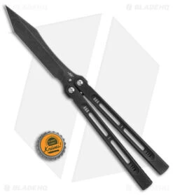 Heibel Knives Menace Balisong Knife Black Titanium (4.6" Black Stonewash) #091 -eos || Kershaw || Spyderco Shop Heibel Knives Menace Balisong Ti black BHQ 147584 jr bottlecap