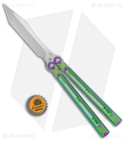 Heibel Knives Menace Balisong Knife Green/Purple Titanium (4.6" Satin) #085 -eos || Kershaw || Spyderco Shop Heibel Knives Menace Balisong Ti purple green BHQ 147581 jr bottlecap
