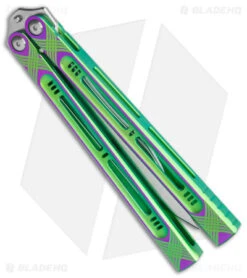 Heibel Knives Menace Balisong Knife Green/Purple Titanium (4.6" Satin) #085 -eos || Kershaw || Spyderco Shop Heibel Knives Menace Balisong Ti purple green BHQ 147581 jr side