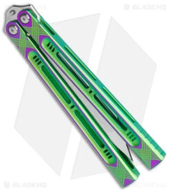 Heibel Knives Menace Balisong Knife Green/Purple Titanium (4.6" Satin) #085 -eos || Kershaw || Spyderco Shop Heibel Knives Menace Balisong Ti purple green BHQ 147581 jr spine