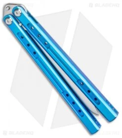 Heibel Knives Sapient Balisong Knife Blue Ano Ti (4.25" Beveled Satin) #55 -eos || Kershaw || Spyderco Shop Heibel Sapient Balisong Blue Anodized Beveled Satin 55 BHQ 136053 jr side