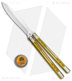 Heibel Knives Sapient Balisong Knife Gold Ano Two-Tone (4.25" Beveled SW) #66 -eos || Kershaw || Spyderco Shop Heibel Sapient Balisong Gold Anodized TT Beveled Satin 66 BHQ 136064 jr bottlecap