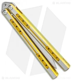 Heibel Knives Sapient Balisong Knife Gold Ano Two-Tone (4.25" Beveled SW) #66 -eos || Kershaw || Spyderco Shop Heibel Sapient Balisong Gold Anodized TT Beveled Satin 66 BHQ 136064 jr side