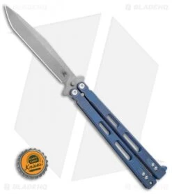 Hinderer Knives Nieves V3 Balisong Butterfly Knife Battle Blue Titanium -eos || Kershaw || Spyderco Shop Hinderer Knives Nieves v3 Balisong Butterfly Knife Battle Blue Titanium 4.6in WF BHQ 115561 LS Bottlecap