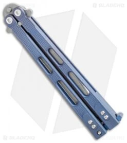 Hinderer Knives Nieves V3 Balisong Butterfly Knife Battle Blue Titanium -eos || Kershaw || Spyderco Shop Hinderer Knives Nieves v3 Balisong Butterfly Knife Battle Blue Titanium 4.6in WF BHQ 115561 LS Side
