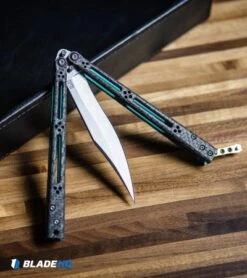 Hom Design Basilisk-R Balisong Butterfly Knife CF W/Teal Liners (4.6" Stonewash) -eos || Kershaw || Spyderco Shop Hom Design Basilisk R Balisong Butterfly Knife CF Teal Liners SW BHQ 89528 kp desk tray web
