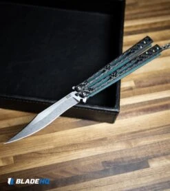 Hom Design Basilisk-R Balisong Butterfly Knife CF W/Teal Liners (4.6" Stonewash) -eos || Kershaw || Spyderco Shop Hom Design Basilisk R Balisong Butterfly Knife CF Teal Liners SW BHQ 89528 kp desk web