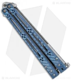 Hom Design Basilisk-R Balisong Butterfly Knife Blue Twill (4.6" Satin) -eos || Kershaw || Spyderco Shop Hom Design Basilisk R Balisong blue twill satin BHQ 68782 er side