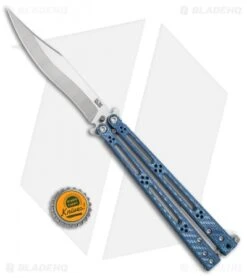 Hom Design Basilisk-R Balisong Butterfly Knife Blue Twill (4.6" Satin) -eos || Kershaw || Spyderco Shop Hom Design Basilisk R Balisong blue twill satin BHQ 68782 er size