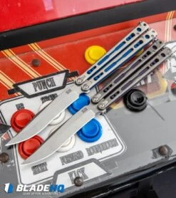 Hom Design Chimera Plus Balisong Knife Satin Ti/Blue G-10 (4.75 Two-Tone) -eos || Kershaw || Spyderco Shop Hom Design Chimera Plus Balisong Knife Satin Ti Blue G 10 Two Tone BHQ 100561 kp arcade web