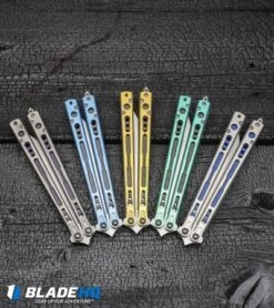 Hom Design Chimera Plus Balisong Knife Satin Ti/Blue G-10 (4.75 Two-Tone) -eos || Kershaw || Spyderco Shop Hom Design Chimera Premium Balisong Knife Gold Ti CF Satin BHQ 100558 kp burnt wood web 1