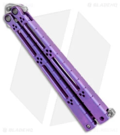 Hom Design I-Basilisk Channel Butterfly Knife Purple Ti Latched (4.5" Satin) -eos || Kershaw || Spyderco Shop Hom Design I Basilisk Channel Butterfly Purple Ti Latched Satin BHQ 175606 jr side