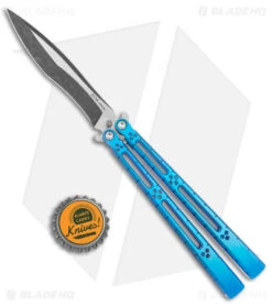 Hom Design I-Basilisk Channel Butterfly Knife Blue Titanium (4.5" Acid Wash) -eos || Kershaw || Spyderco Shop Hom Design I Basilisk Channel Knife Blue Ti Acid Wash BHQ 165021 jr bottlecap