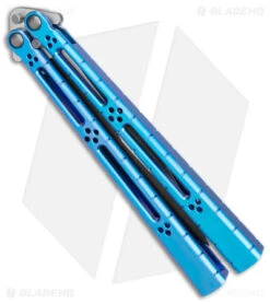 Hom Design I-Basilisk Channel Butterfly Knife Blue Titanium (4.5" Acid Wash) -eos || Kershaw || Spyderco Shop Hom Design I Basilisk Channel Knife Blue Ti Acid Wash BHQ 165021 jr side