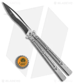 Hom Design I-Basilisk Channel Butterfly Knife Silver Titanium (4.5" Acid Wash) -eos || Kershaw || Spyderco Shop Hom Design i Basilisk Channel Butterfly Silver Ti Acid Wash BHQ 165019 jr bottlecap
