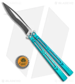 Hom Design I-Basilisk Channel Butterfly Knife Teal Titanium (4.5" Acid Wash) -eos || Kershaw || Spyderco Shop Hom Design i Basilisk Channel Butterfly Teal Ti Acid Wash BHQ 165018 jr bottlecap