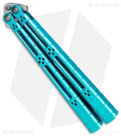 Hom Design I-Basilisk Channel Butterfly Knife Teal Titanium (4.5" Acid Wash) -eos || Kershaw || Spyderco Shop Hom Design i Basilisk Channel Butterfly Teal Ti Acid Wash BHQ 165018 jr side