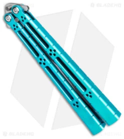Hom Design I-Basilisk Channel Butterfly Knife Teal Titanium (4.5" Acid Wash) -eos || Kershaw || Spyderco Shop Hom Design i Basilisk Channel Butterfly Teal Ti Acid Wash BHQ 165018 jr spine