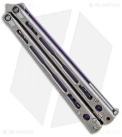 Hom Design Chimera Balisong Knife Tumbled Ti/Purple G-10 (4.75 SW) -eos || Kershaw || Spyderco Shop Hom Designs Chimera Plus Butterfly Knife SW Ti Purple G 10 SW BHQ 100560 jr side