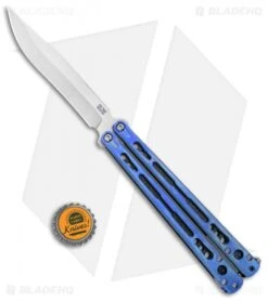 Hom Design Chimera Premium Balisong Knife Blue Ti/CF (4.75 Satin) -eos || Kershaw || Spyderco Shop Hom Designs Chimera Premium Butterfly Knife Blue Ano Satin BHQ 100559 jr bottlecap
