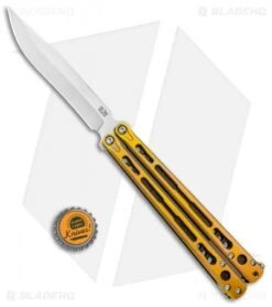 Hom Design Chimera Premium Balisong Knife Gold Ti/CF (4.75 Satin) -eos || Kershaw || Spyderco Shop Hom Designs Chimera Premium Butterfly Knife Gold Ano Satin BHQ 100558 jr bottlecap