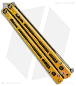 Hom Design Chimera Premium Balisong Knife Gold Ti/CF (4.75 Satin) -eos || Kershaw || Spyderco Shop Hom Designs Chimera Premium Butterfly Knife Gold Ano Satin BHQ 100558 jr side