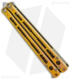 Hom Design Chimera Premium Balisong Knife Gold Ti/CF (4.75 Satin) -eos || Kershaw || Spyderco Shop Hom Designs Chimera Premium Butterfly Knife Gold Ano Satin BHQ 100558 jr spine