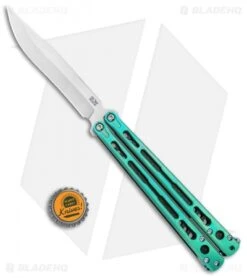 Hom Design Chimera Premium Balisong Knife Green Ti/CF (4.75 Satin) -eos || Kershaw || Spyderco Shop Hom Designs Chimera Premium Butterfly Knife Teel Green Ano Satin BHQ 100557 jr bottlecap