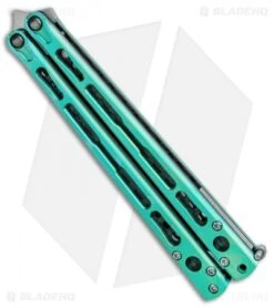 Hom Design Chimera Premium Balisong Knife Green Ti/CF (4.75 Satin) -eos || Kershaw || Spyderco Shop Hom Designs Chimera Premium Butterfly Knife Teel Green Ano Satin BHQ 100557 jr side
