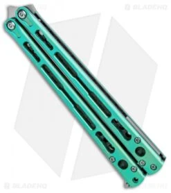Hom Design Chimera Premium Balisong Knife Green Ti/CF (4.75 Satin) -eos || Kershaw || Spyderco Shop Hom Designs Chimera Premium Butterfly Knife Teel Green Ano Satin BHQ 100557 jr spine