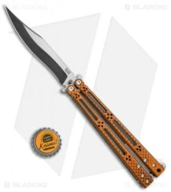 Hom Design Basilisk-R Balisong Butterfly Knife Orange CF (4.6" 2-Tone Acid) #4 -eos || Kershaw || Spyderco Shop Horn Design Basilisk R Butterfly Orange CF TT Acid 4 BHQ 71203 jr bottlecap