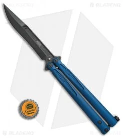 Microtech Tachyon III Balisong Butterfly Knife Blue (4.5" Black) 173-1DLCBL -eos || Kershaw || Spyderco Shop Microtech Tachyon III blue black 173 1DLCBL BHQ 71037 er size