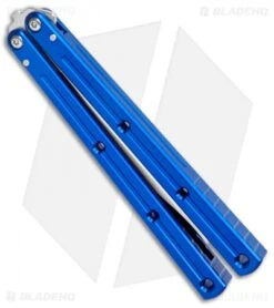 Squid Industries Krake Raken V2.5 Tanto Balisong Knife Blue (4.5" Satin) -eos || Kershaw || Spyderco Shop Squid Industries Krake Raken Tanto Balisong Blue Satin BHQ 101532 jr side