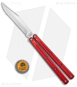 Squid Industries Krake Raken V2.5 Bowie Balisong Knife Red (4.5" Satin) -eos || Kershaw || Spyderco Shop Squid Industries Krake Raken V2 Bowie Balisong Red Satin BHQ 115308 jr bottlecap