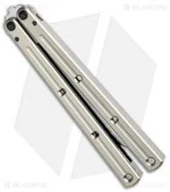 Squid Industries Krake Raken V2 Balisong Butterfly Knife Silver (4.5" Satin) -eos || Kershaw || Spyderco Shop Squid Industries Krake Raken V2 Tanto Balisong Silver Satin BHQ 101531 jr side 1